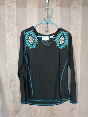 💎 Panhandle Women's Top Black Long-Sleeve Embroidered Shoulder #0491